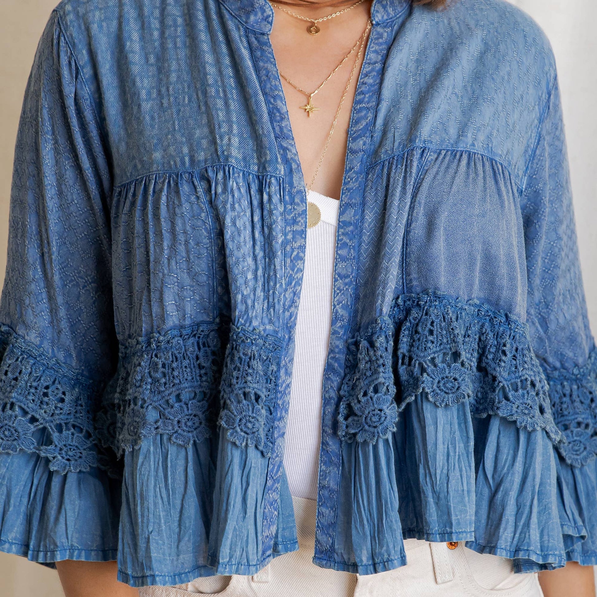 Boho Tiered Crochet Lace Open Front Shrug