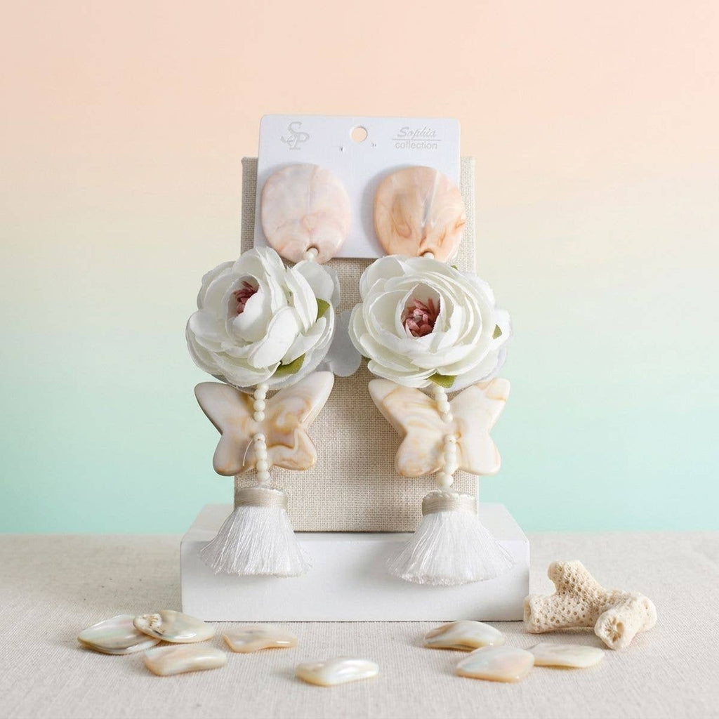 White Oversized Flower Butterfly Tassel Earrings