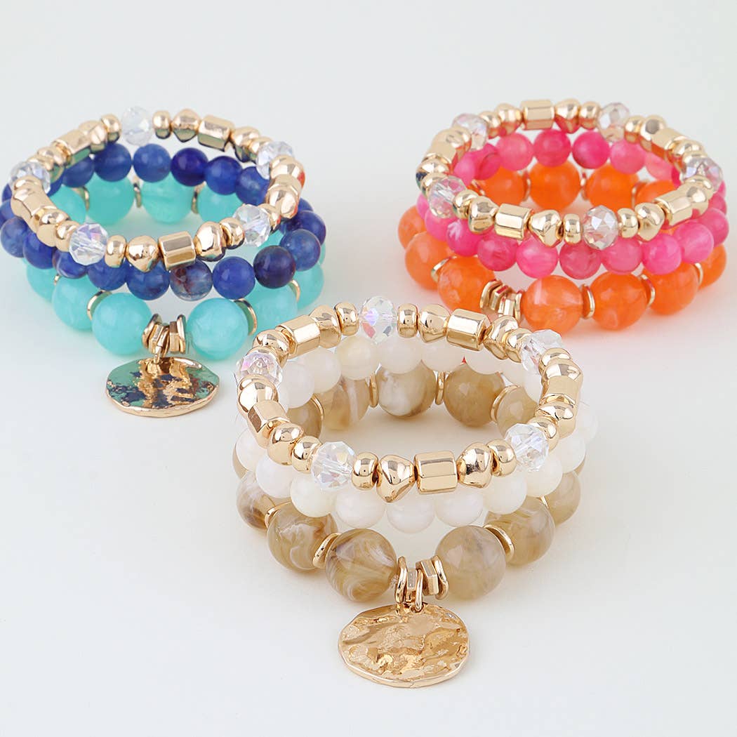Triple Stone N Crystal Beaded Bracelet Set