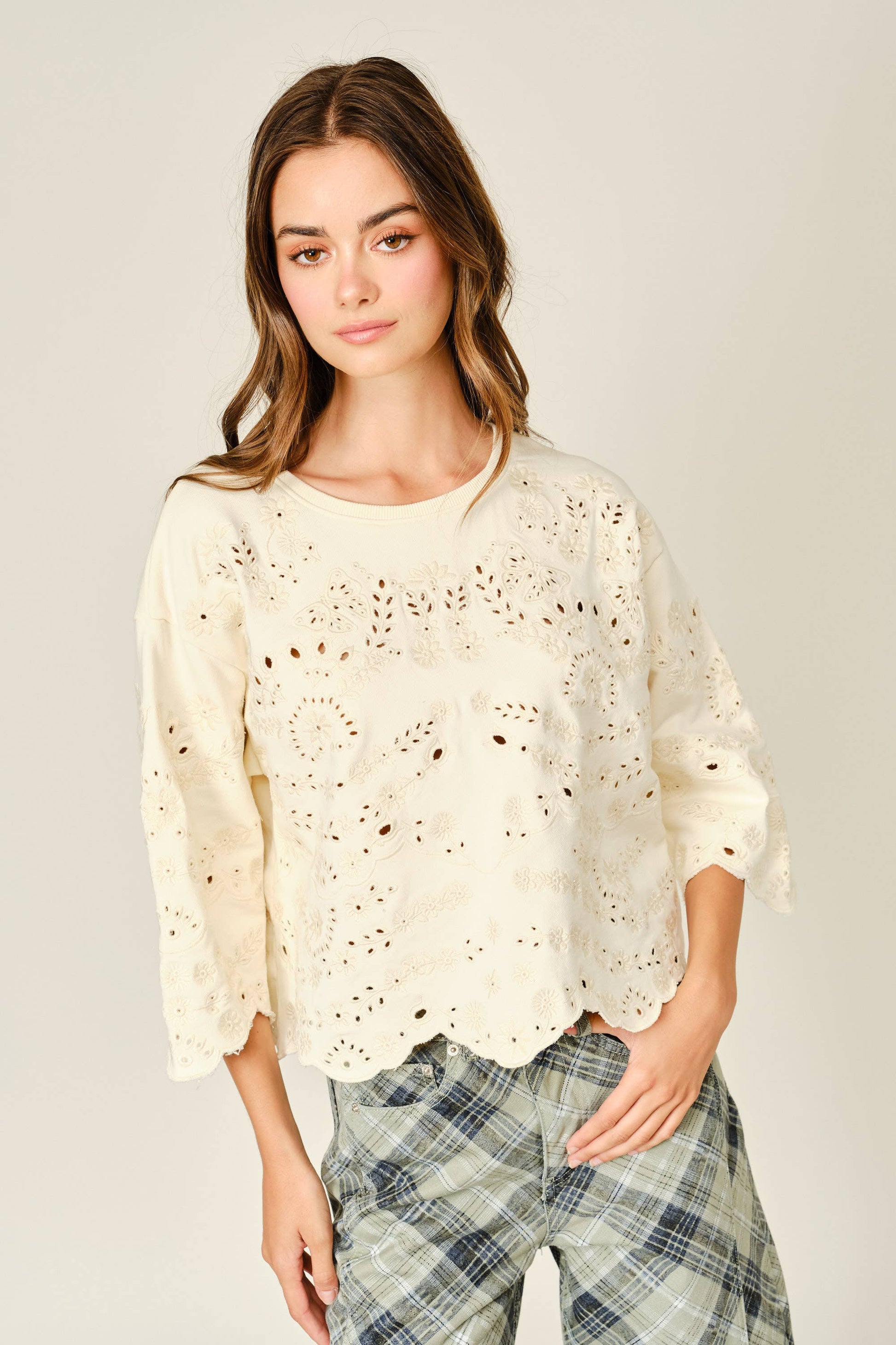 Terry Eyelet Short-Sleeve Sweatshirt
