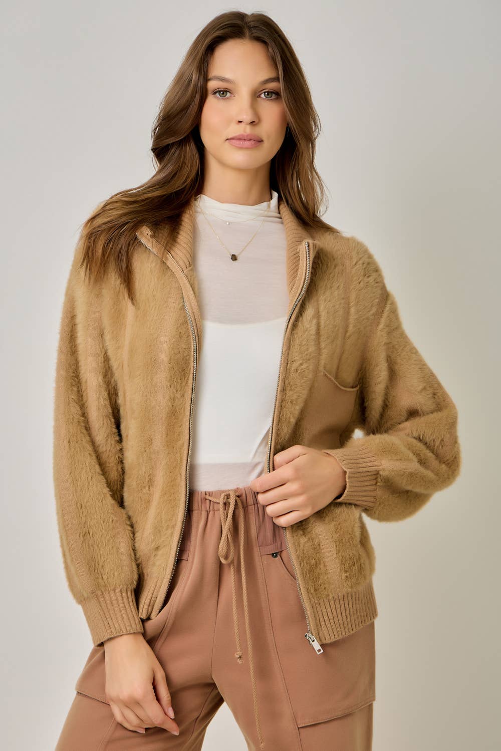 Fuzzy Zip-Up Sweater Jacket