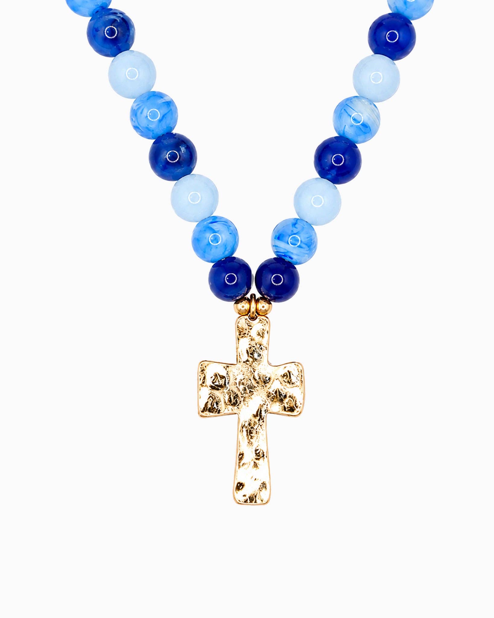 Hammered Cross Pendant Beaded Statement Necklace - 5 Color