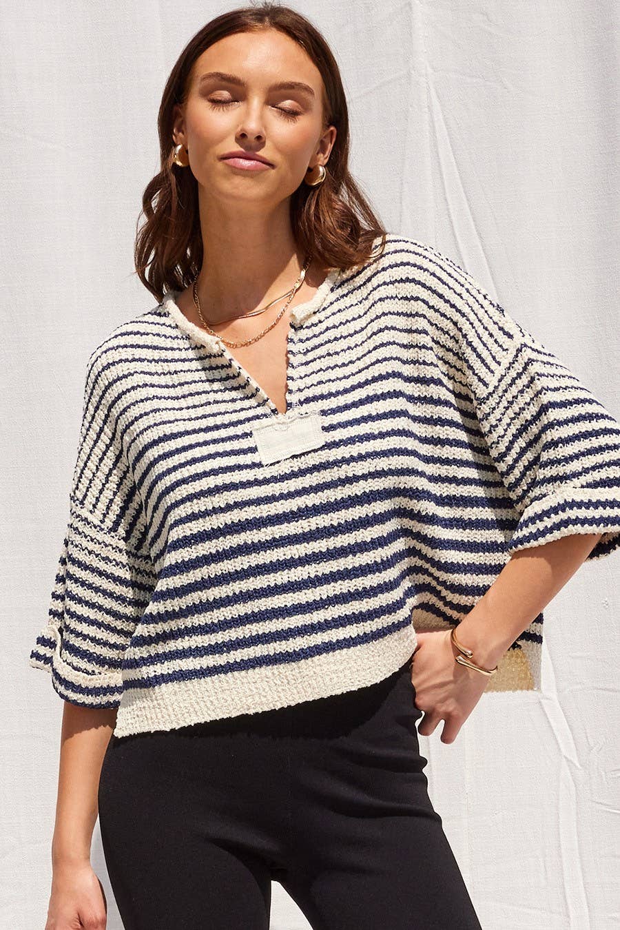 Lightweight Striped Slouchy Sweater w/ V-Neckline