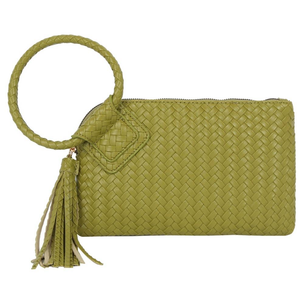 Faux Leather Woven Fringe Cuff Handle Clutch Bag