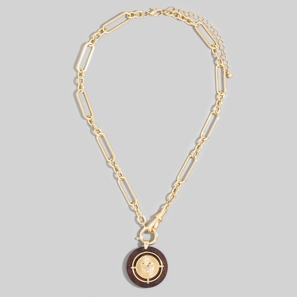 Paperclip Chain Wood Heart Coin Necklace