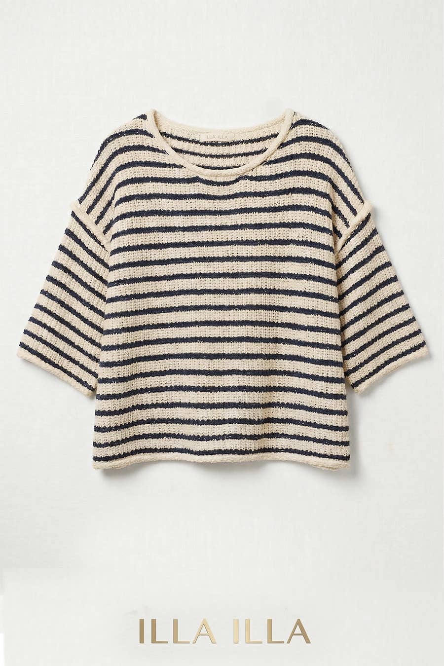 Loose Fit 3/4 Sleeve Striped Crew Neck Top