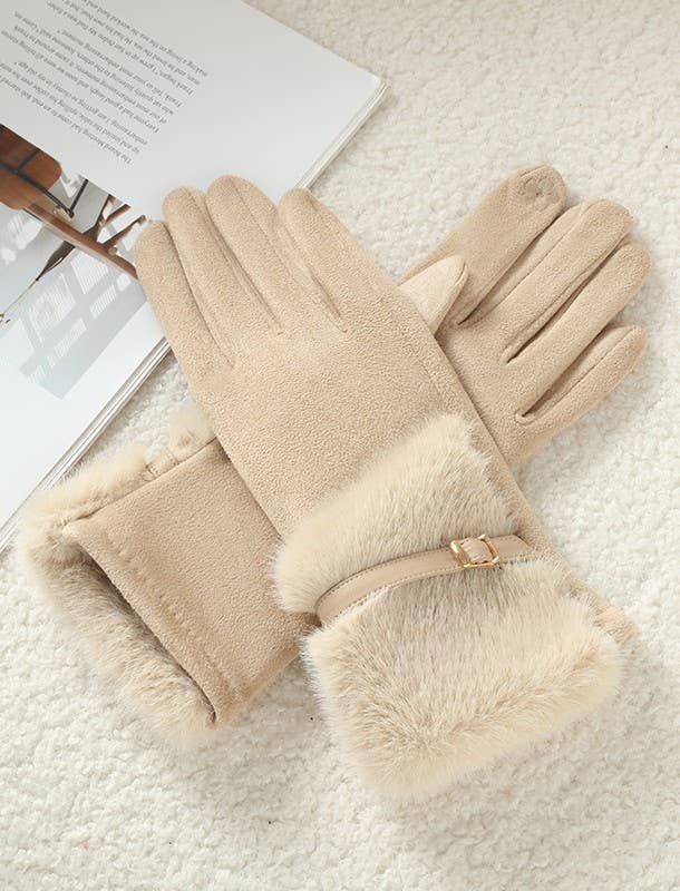 Faux Suede Gloves with Fur and Belt Accent