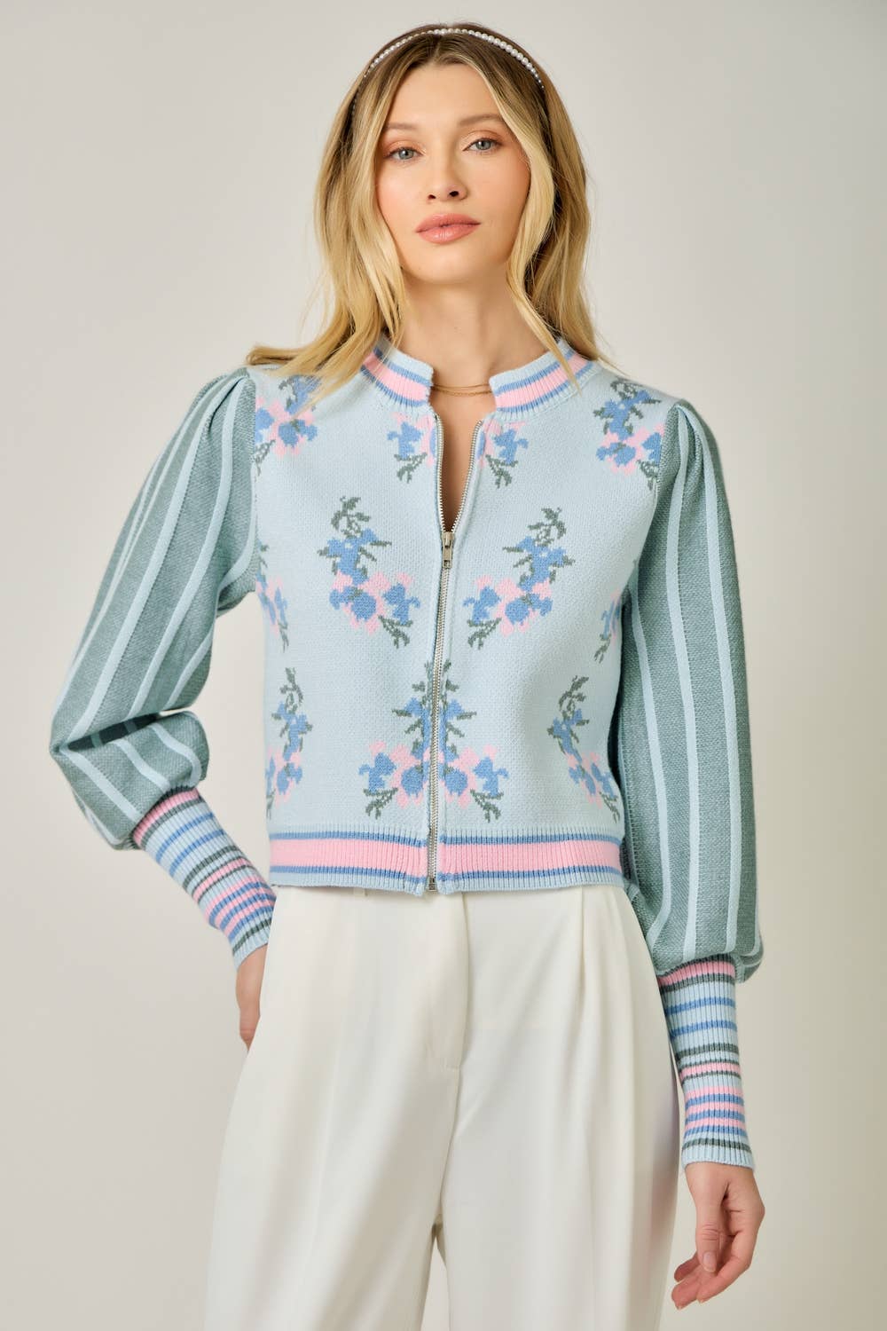 Sweater Floral Zip Bomber Jacket
