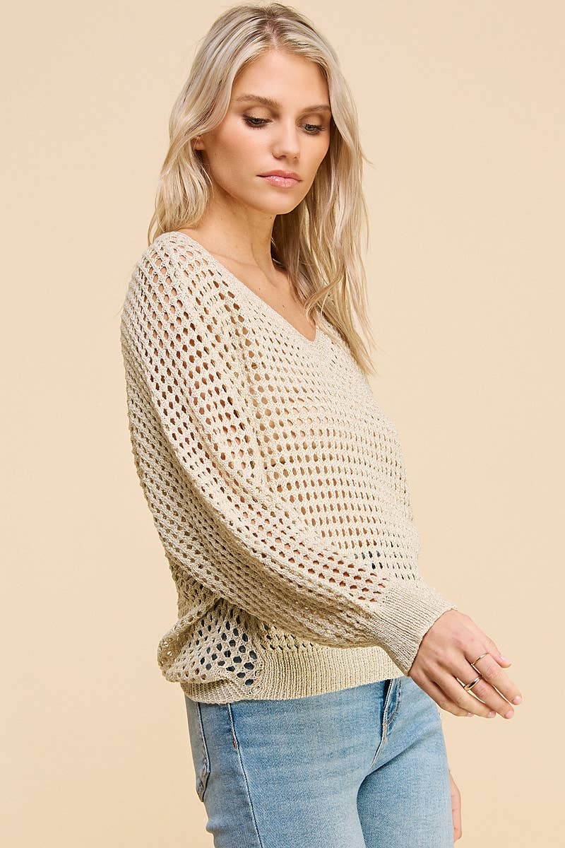 Long Sleeve Open Weave Foil Knit V-Neck Sweater