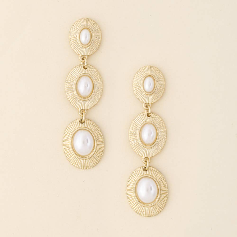 Sunburst Etched Triple Cabochon Drop Earrings