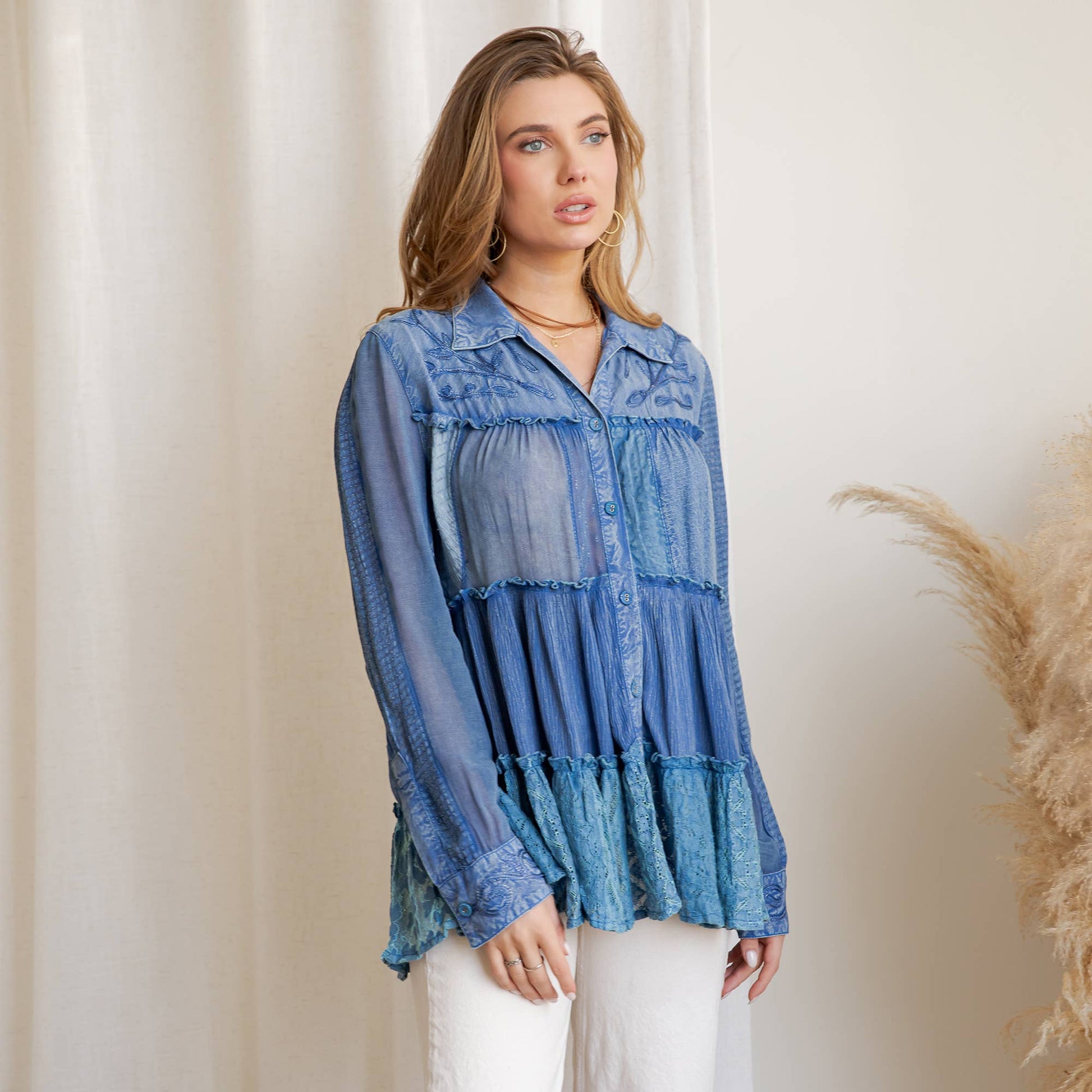 Mineral Wash Tiered Button-Down Blouse with Floral Details