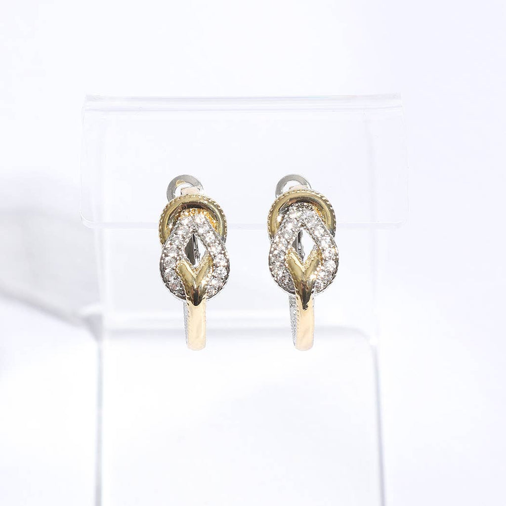 Two-Toned CZ Pave Knotted Huggie Hoop Earrings