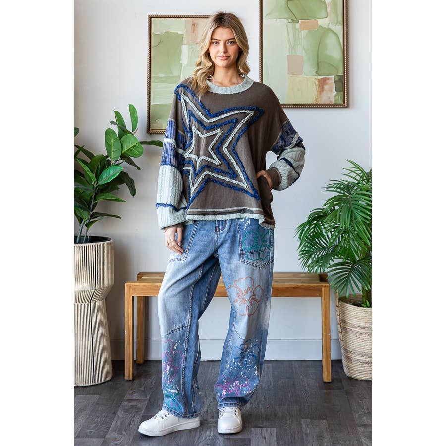 WASHED STAR PATCHWORK LONG SLEEVE KNIT TOP