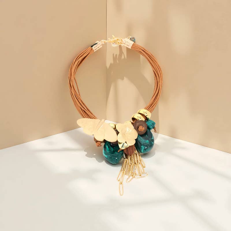 Floral & Teal Drop Chunky Necklace in Green/Gold