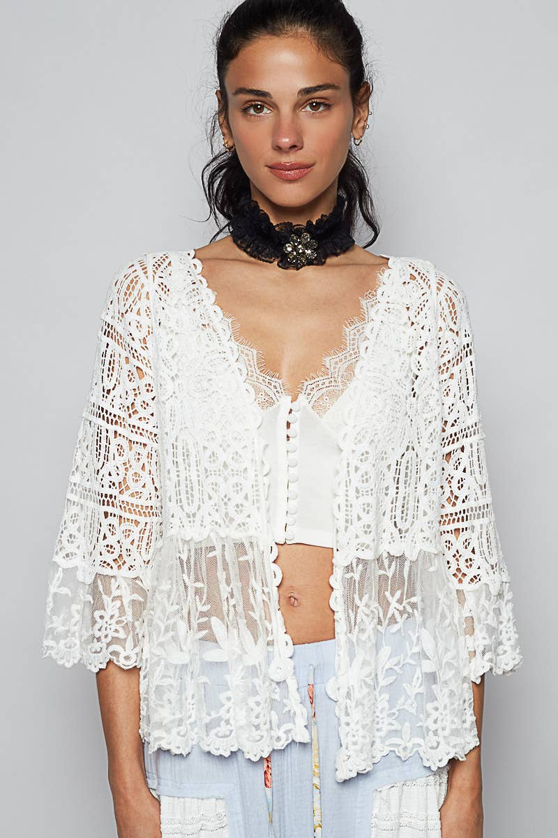 Veronica V-Neck Short Sleeve Floral Crochet Cardigan