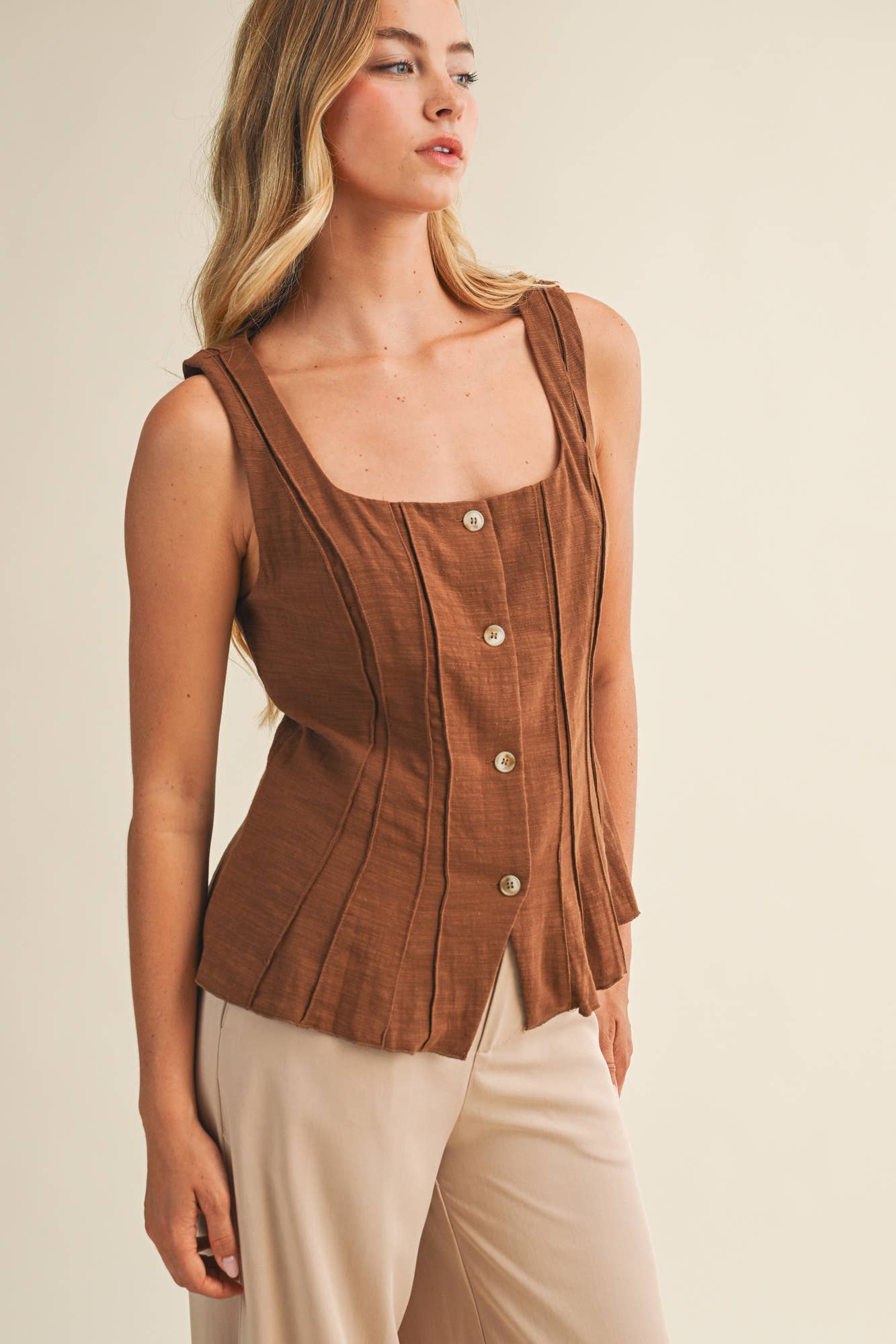 Square Neck Pintuck Buttoned Vest Top