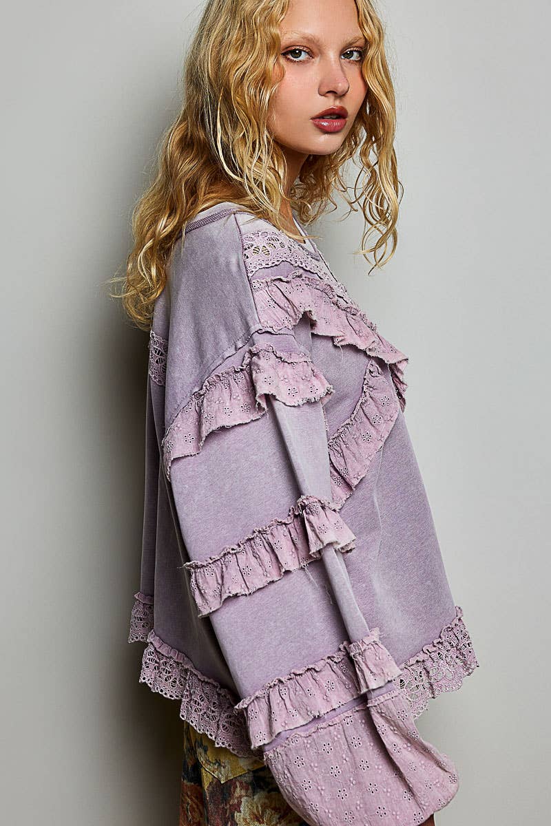 POL French Terry Eyelet Ruffle Vintage Washing Solid Knit Top