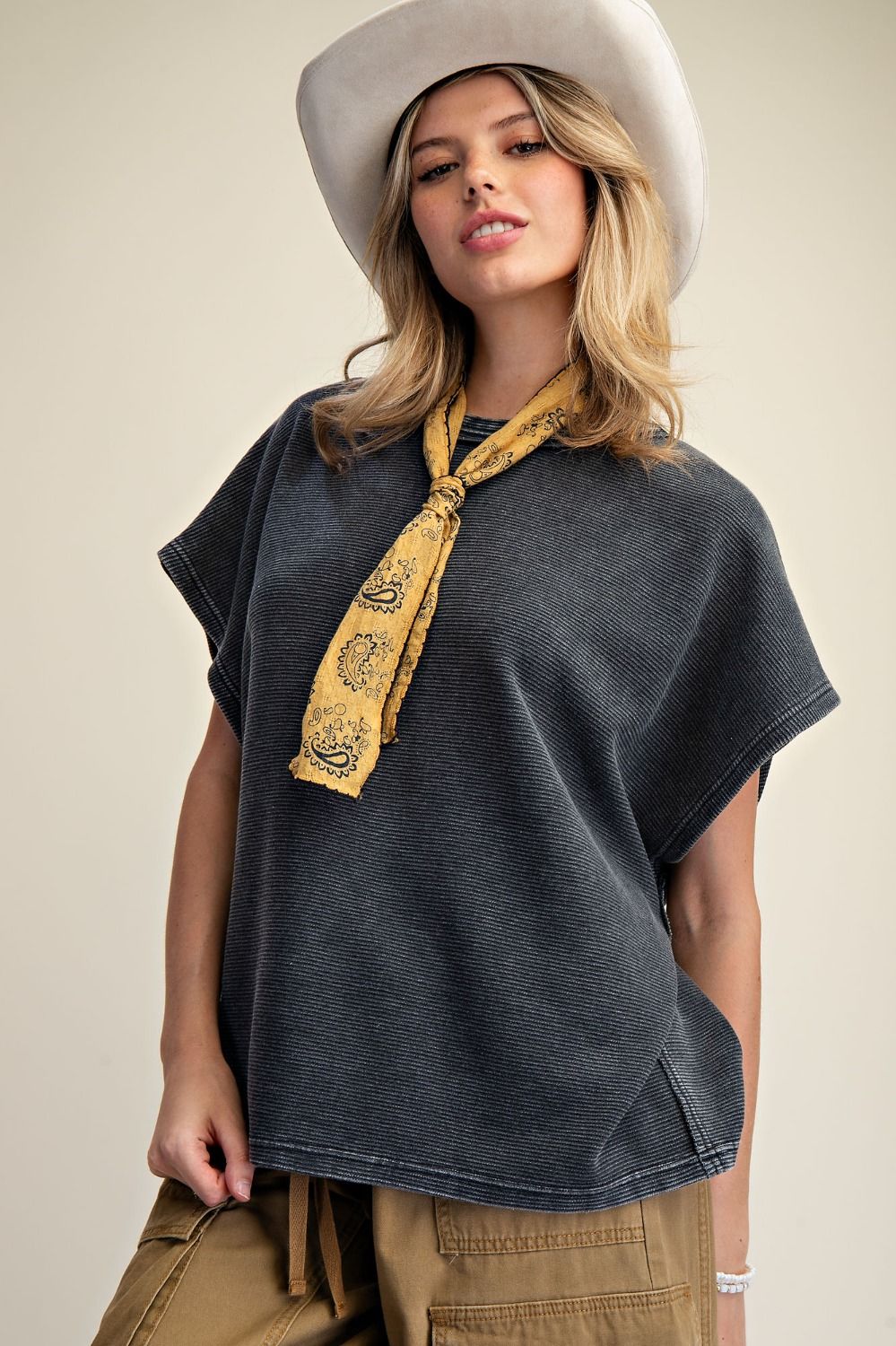 Easel Drop-Shoulder Textured Washed Top