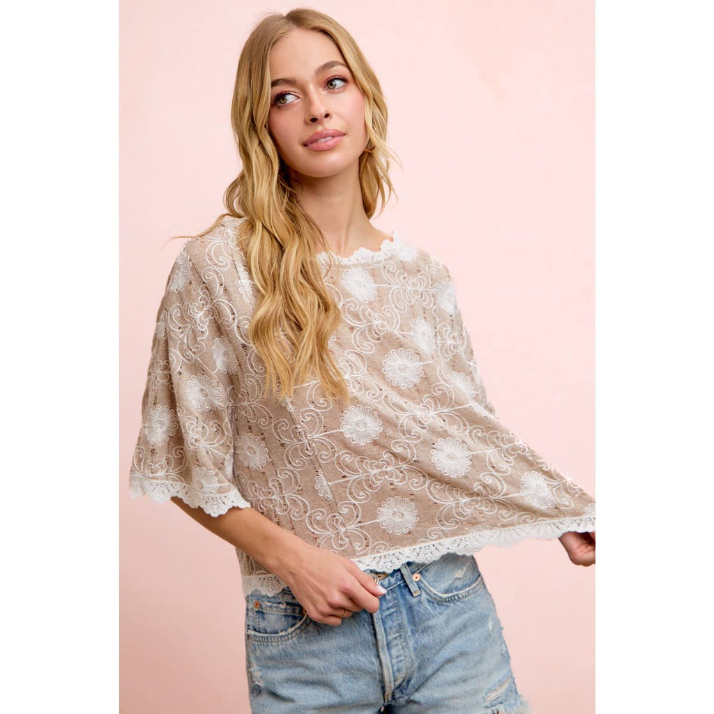 Flower Embroidery and Lace Boho Casual Short Sleeve Top