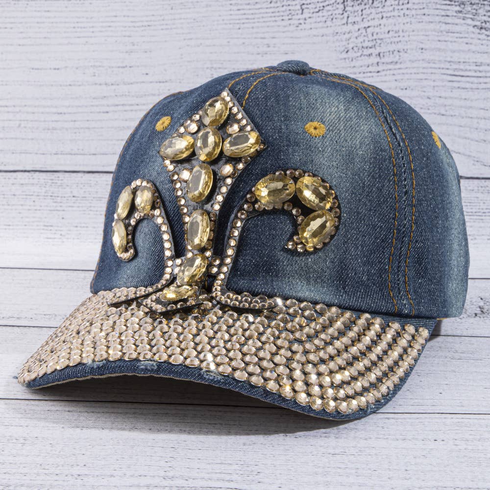 Gem Fleur De Lis Rhinestone Bill Denim Baseball Cap