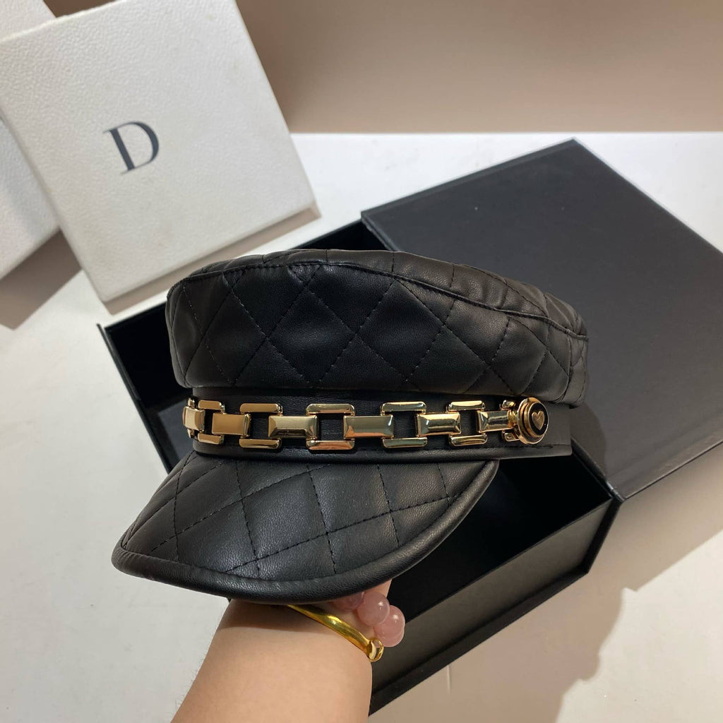 Quilted Leather Chain Detail Hat