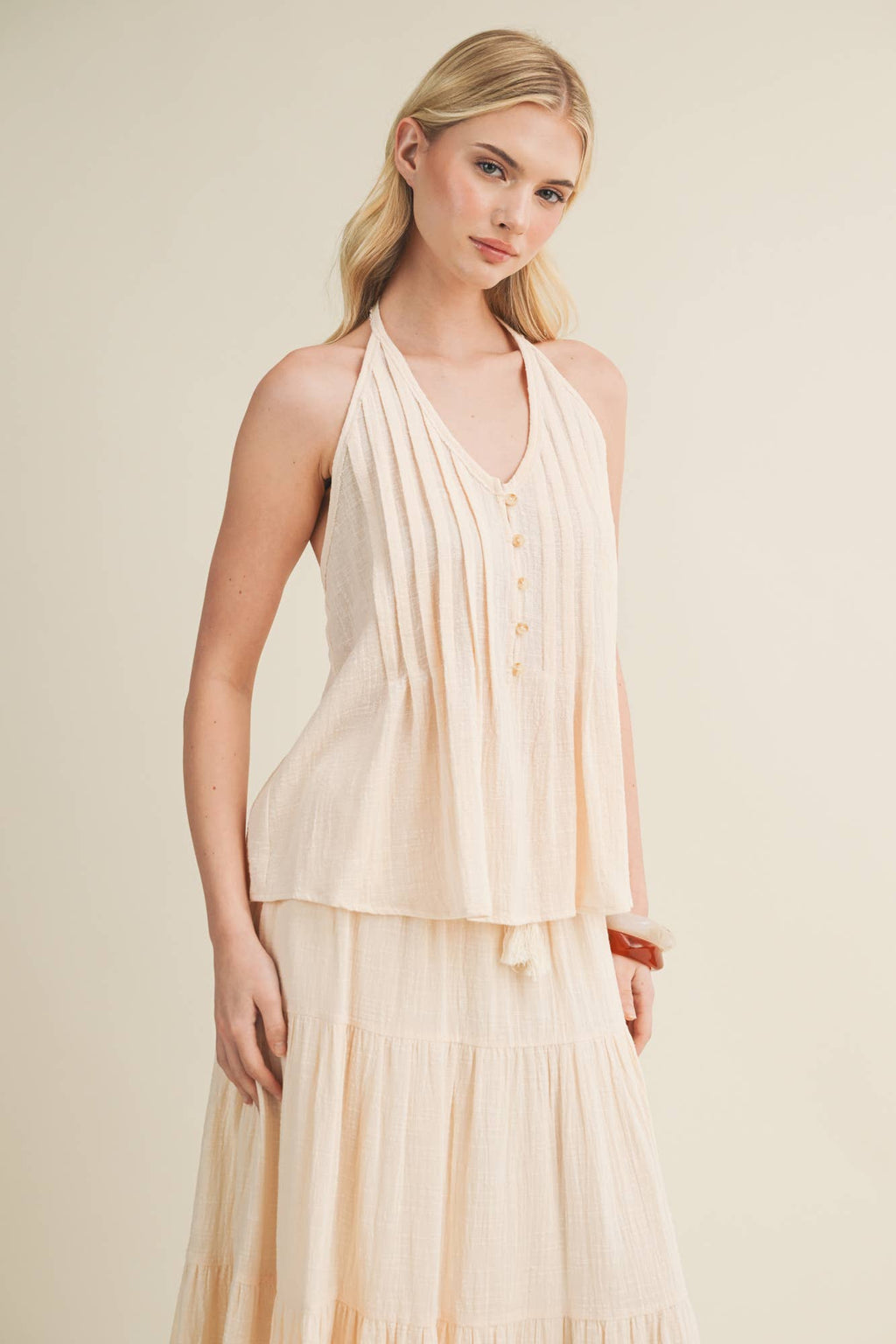 Textured Pintuck Tie-Back Halter Top