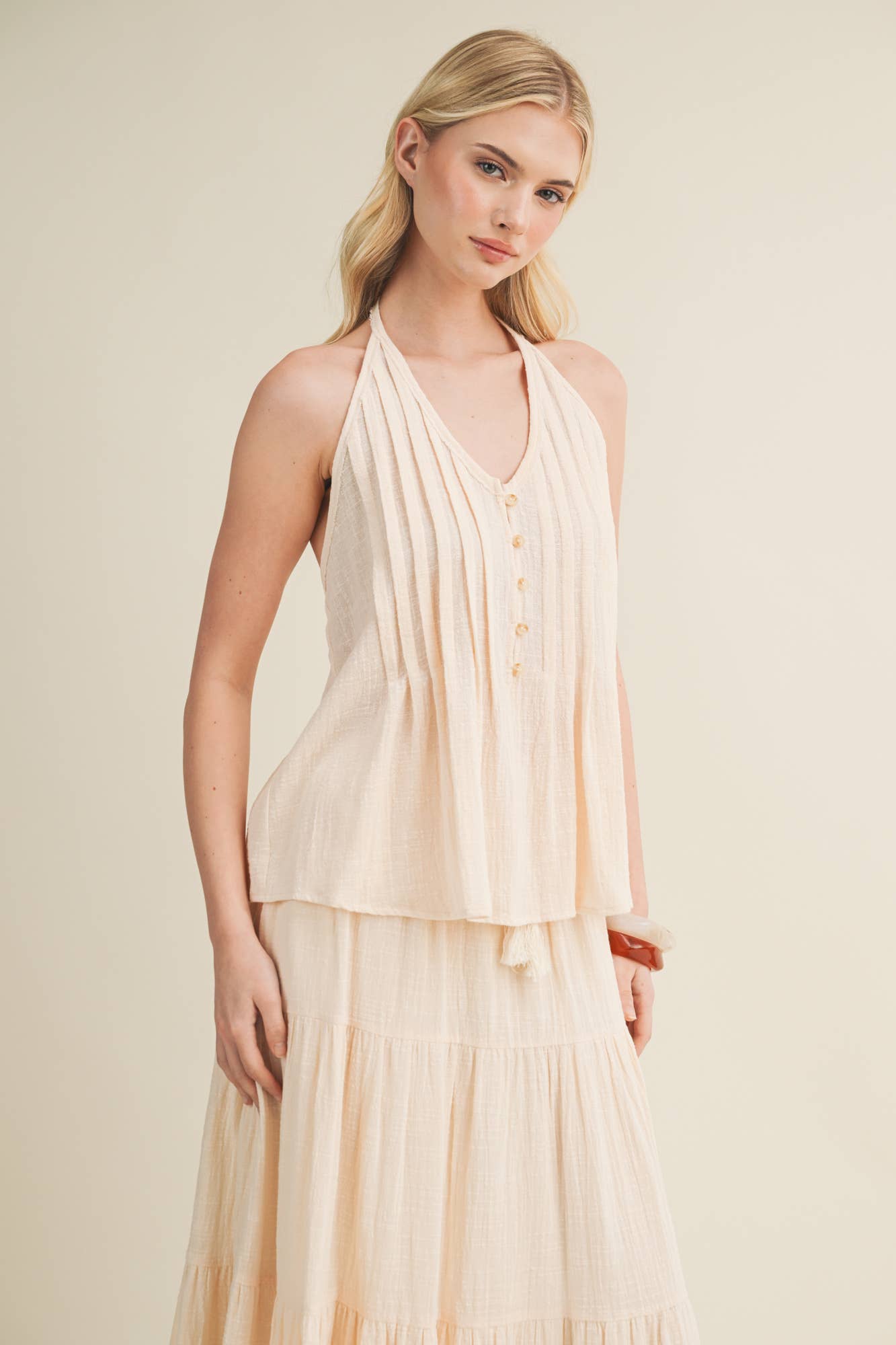 Textured Pintuck Tie-Back Halter Top