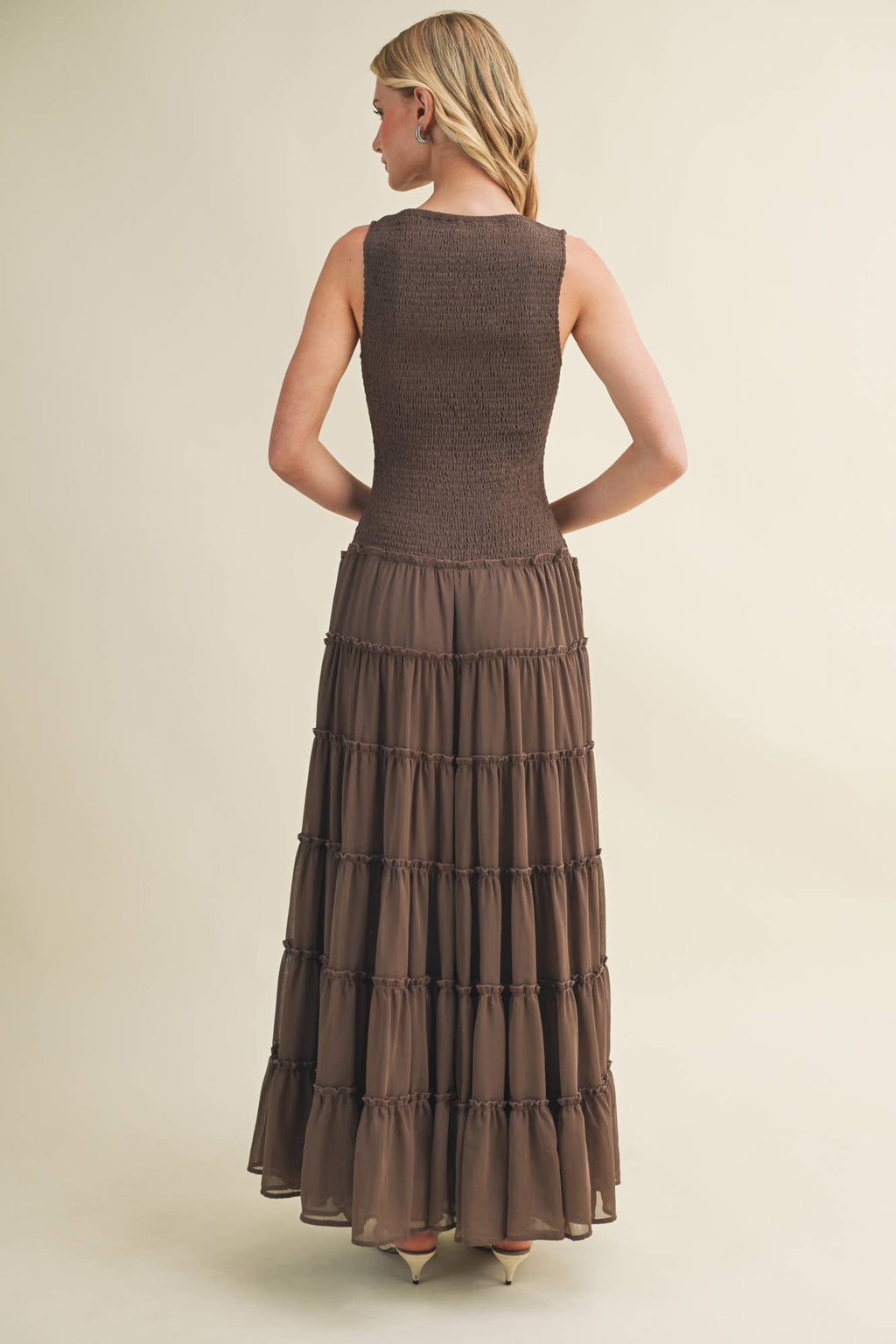 Smocked Boat Neck Tiered Maxi Dress