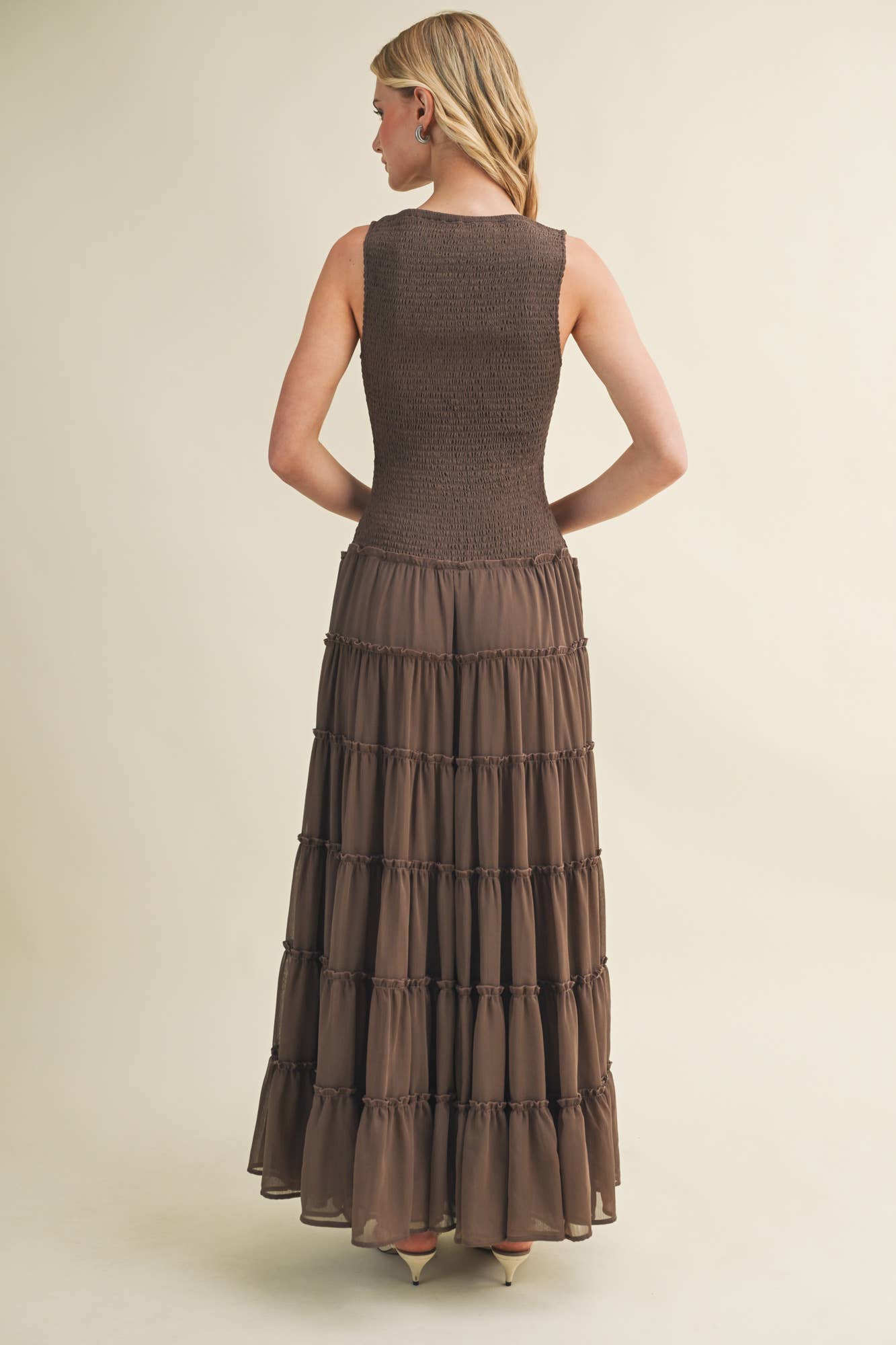 Smocked Boat Neck Tiered Maxi Dress