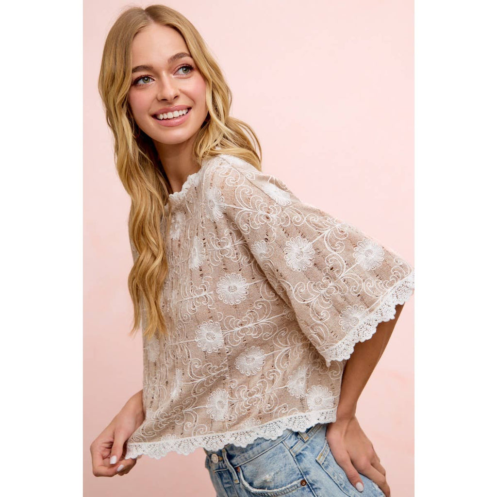 Flower Embroidery and Lace Boho Casual Short Sleeve Top