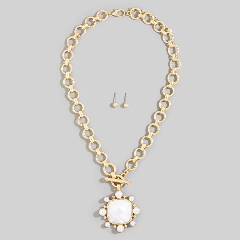 Chain Link Faceted Square Stone Pendant Necklace Set
