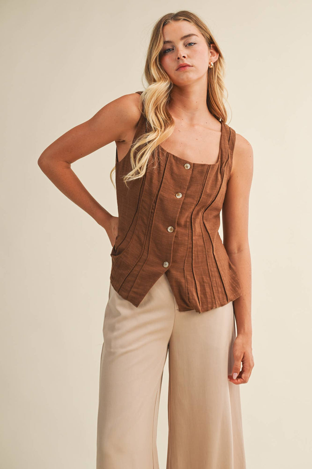 Square Neck Pintuck Buttoned Vest Top