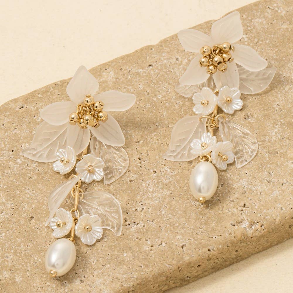 Flower And Pearls Long Chain Dangle Earrings