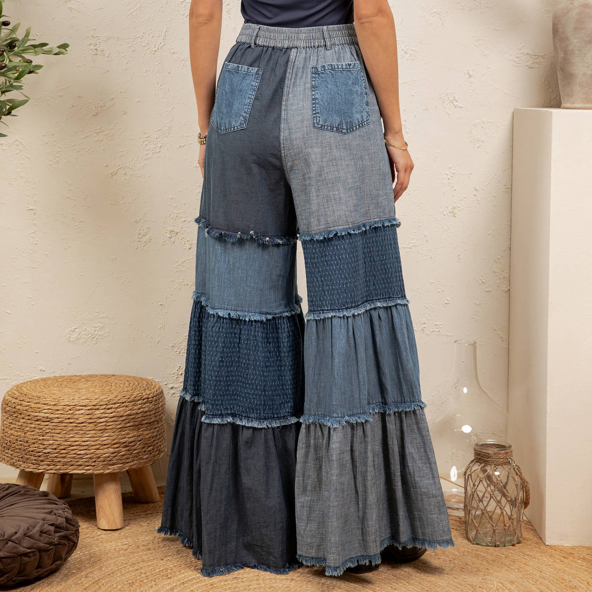 Patchwork Tiered Denim Flare Pants