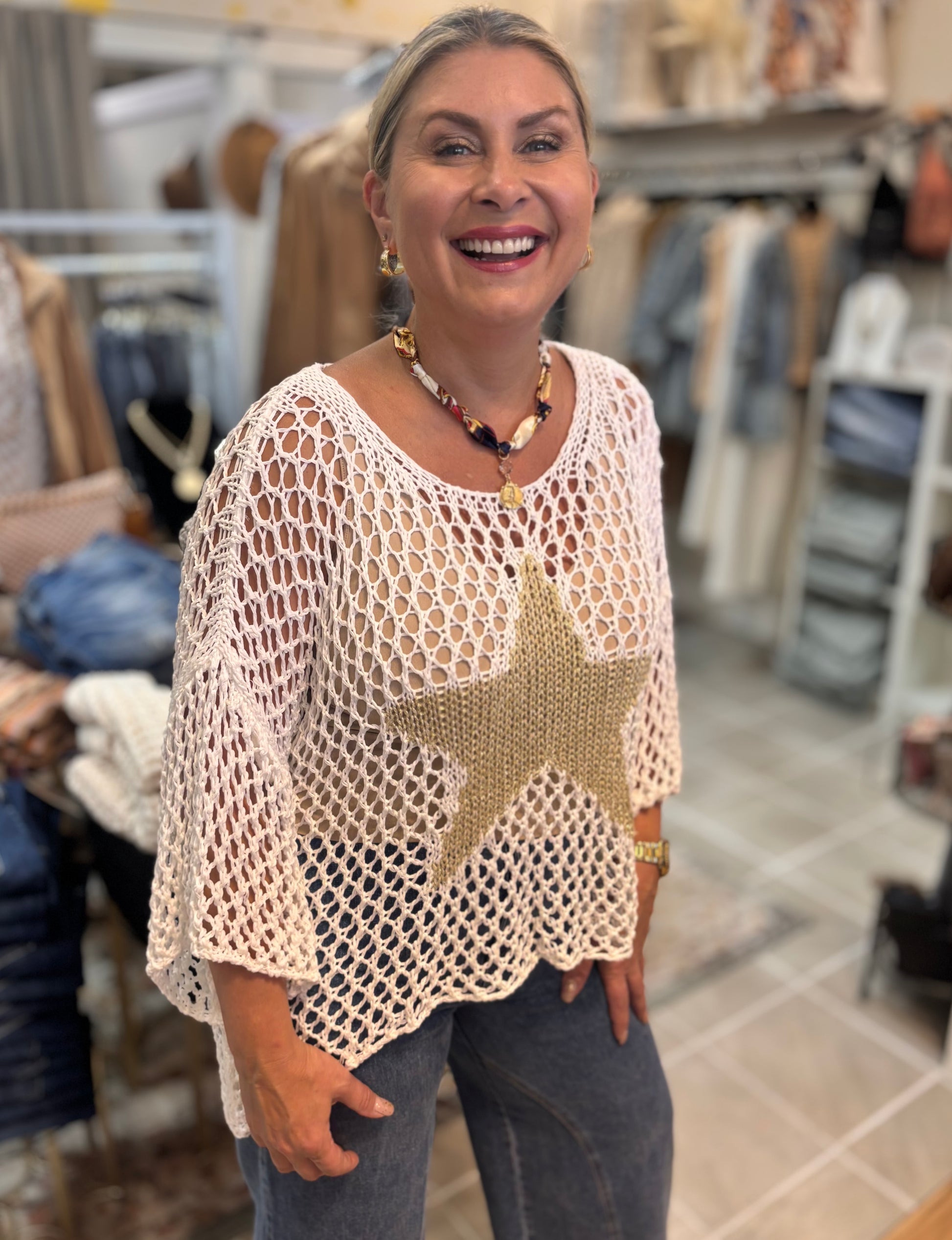 Best-Selling Crochet Top with Metallic Gold Star