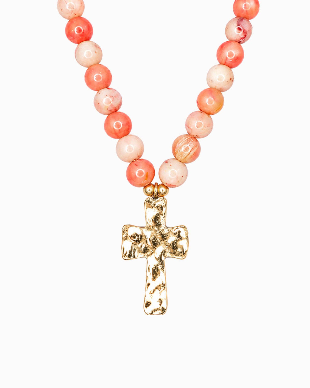 Hammered Cross Pendant Beaded Statement Necklace - 5 Color