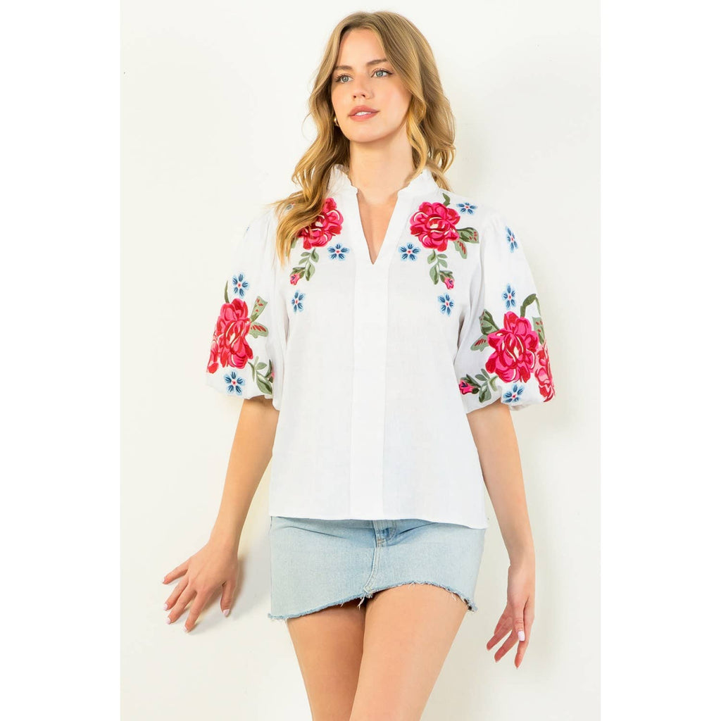 Flower Embroidered Puff Sleeve Top