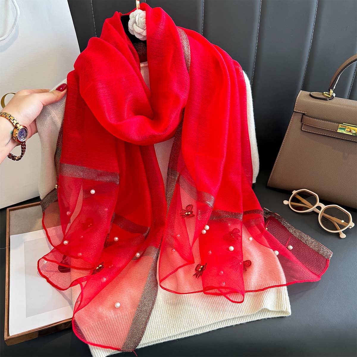 Silk Scarf with Embroidered Bows & Pearls