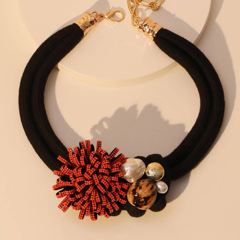 Bloom Necklace with Pearl & Crystals Accents in Black