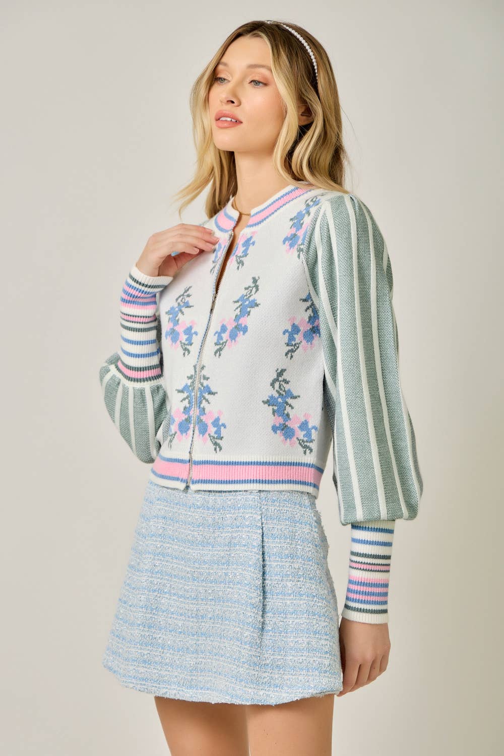 Sweater Floral Zip Bomber Jacket