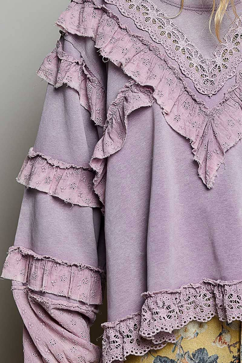 POL French Terry Eyelet Ruffle Vintage Washing Solid Knit Top