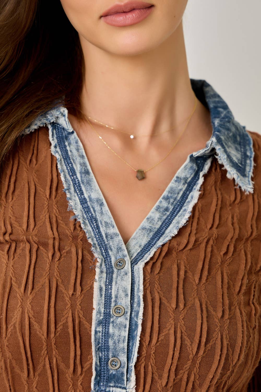 Denim Mix Textured Knit Henley Top