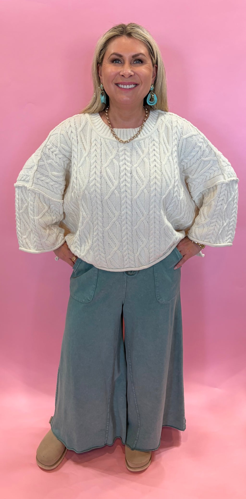 EASEL Washed Terry Wide Leg Pants