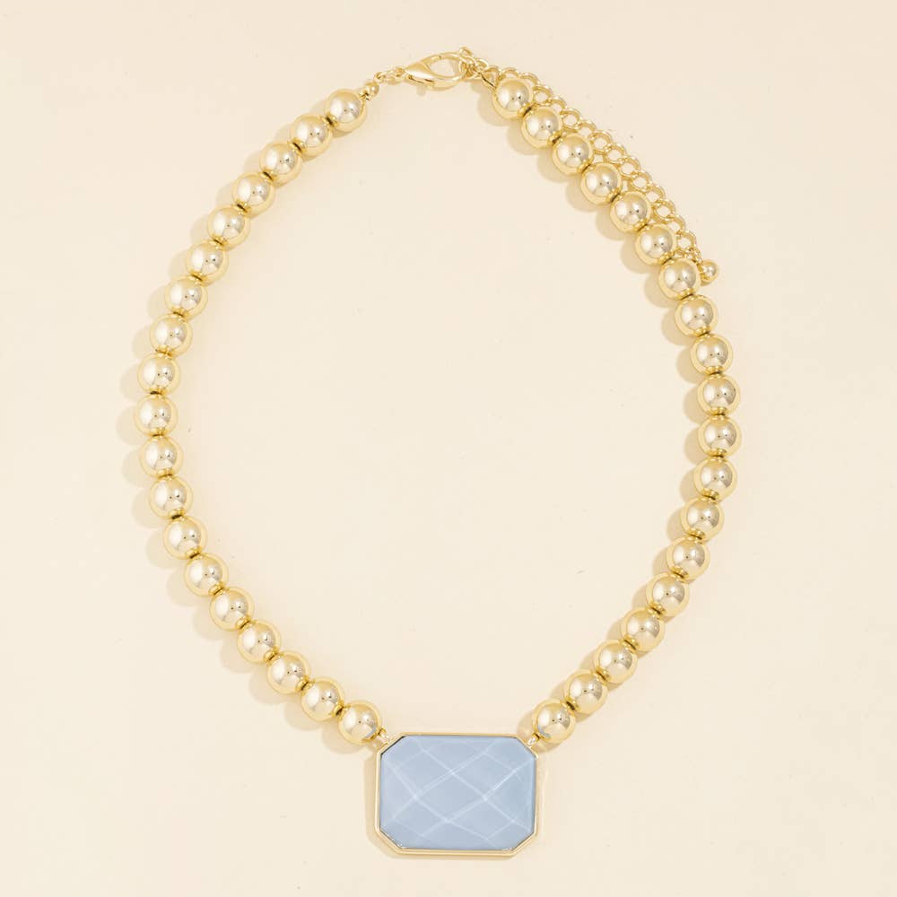 Bead Chain Necklace With Faceted Stone Pendant