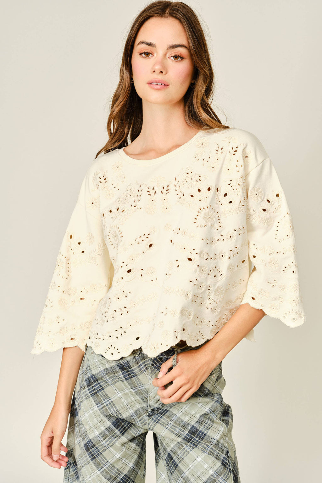 Terry Eyelet Short-Sleeve Sweatshirt