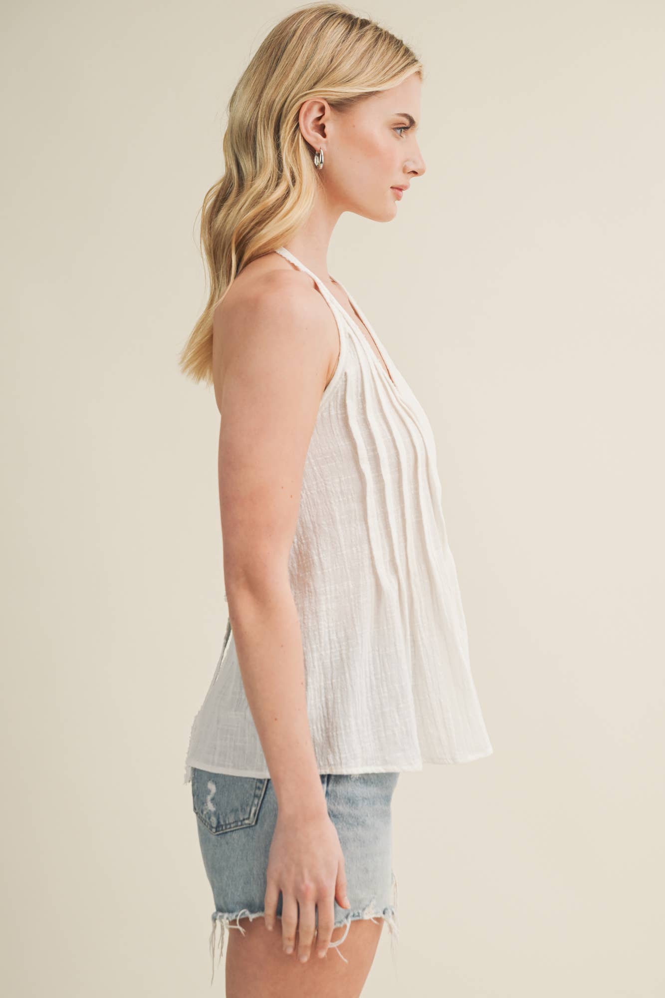 Textured Pintuck Tie-Back Halter Top