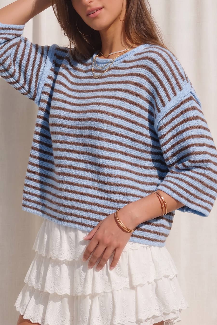 Loose Fit 3/4 Sleeve Striped Crew Neck Top