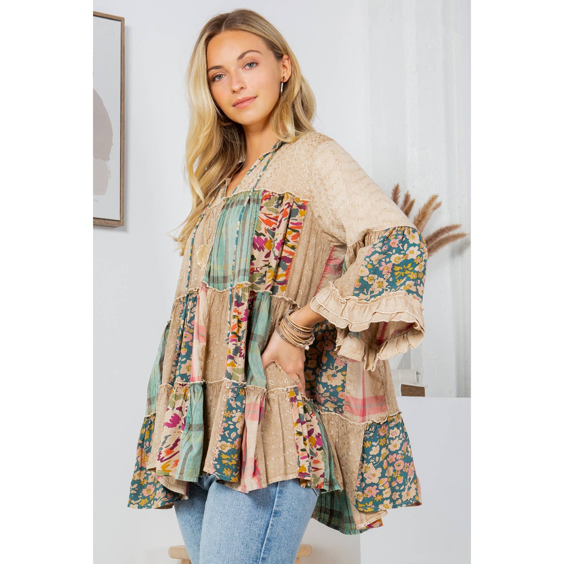 Boho Fusion Patchwork Flowy Tunic Top
