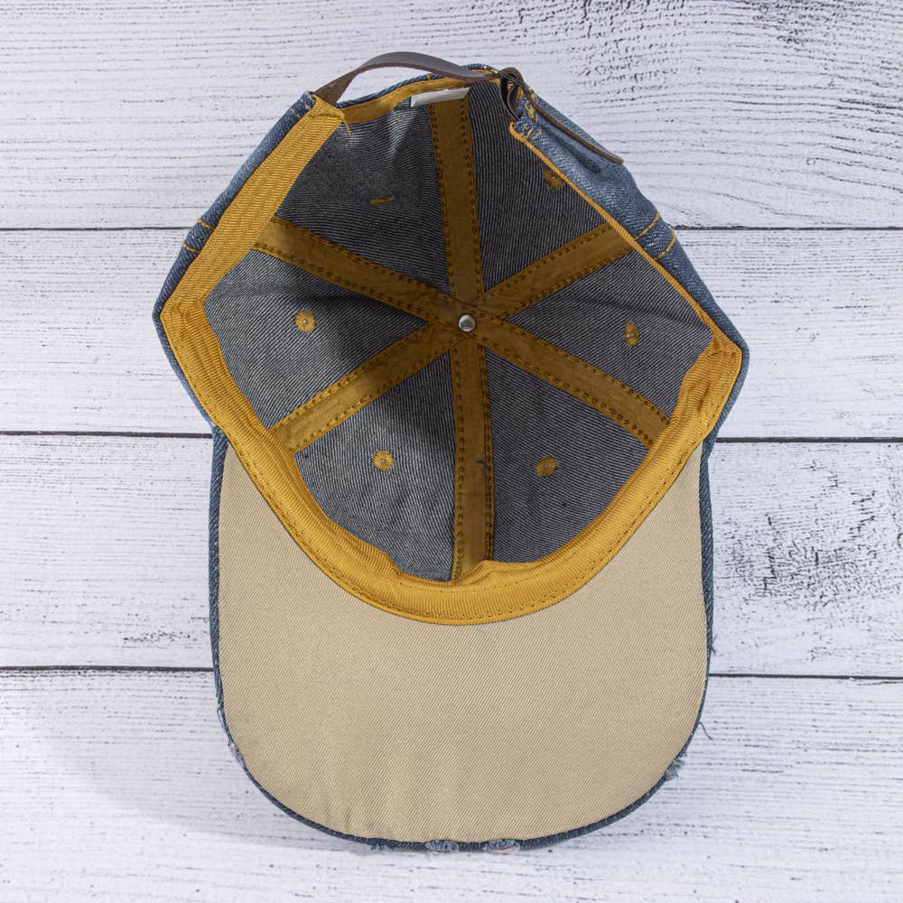 Sequin Crown Rhinestone Distressed Denim Baseball Cap