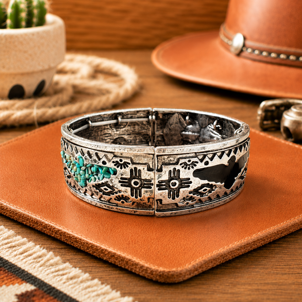 Western Silver Bangle Bracelet – Thunderbird Zia Cuff